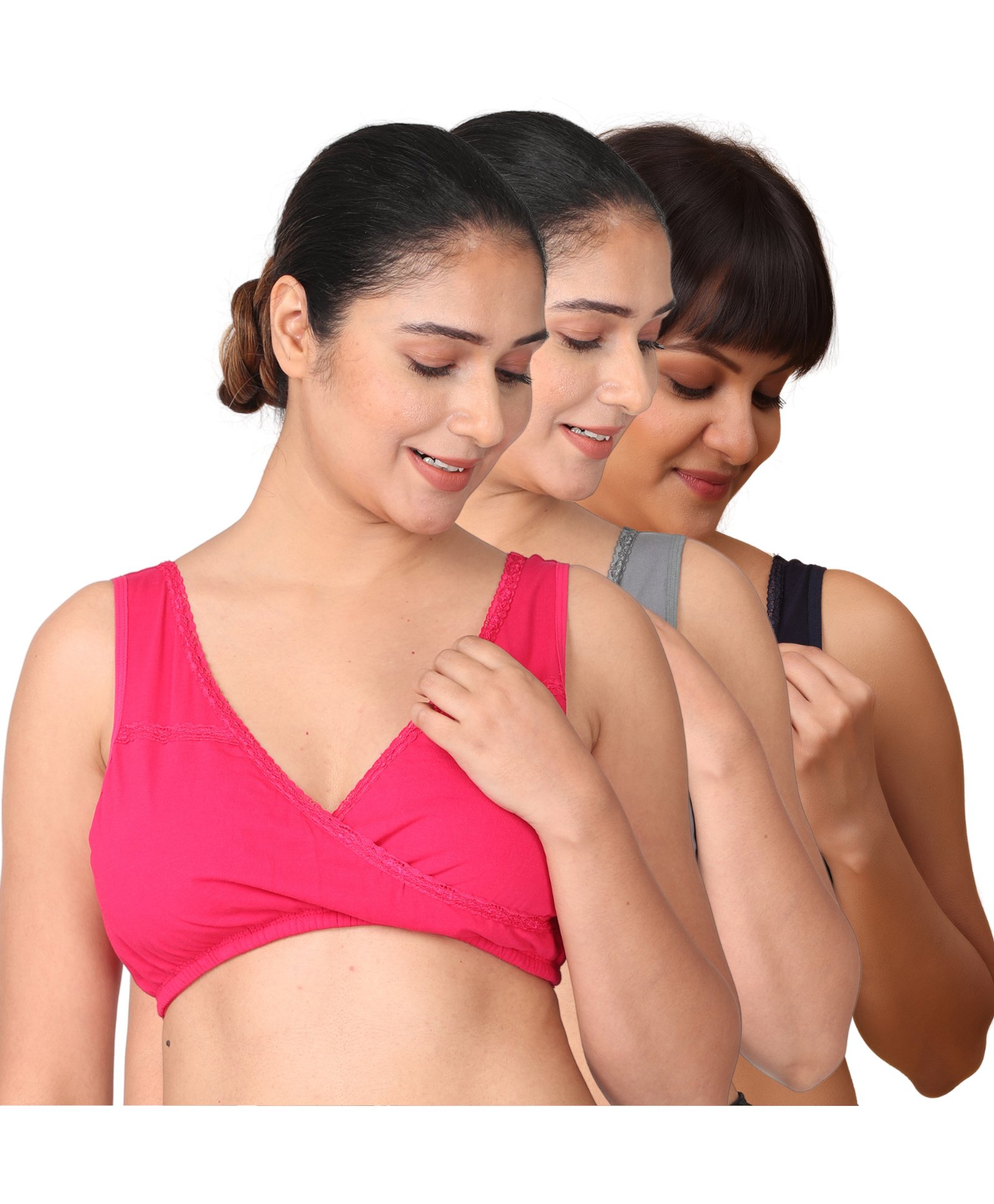 Morph Pack Of 3 Maternity Cotton Leakproof Sleep Nursing Bra No Hooks Or Clips - Navy Blue Steel Grey & Dark Pink-image-29