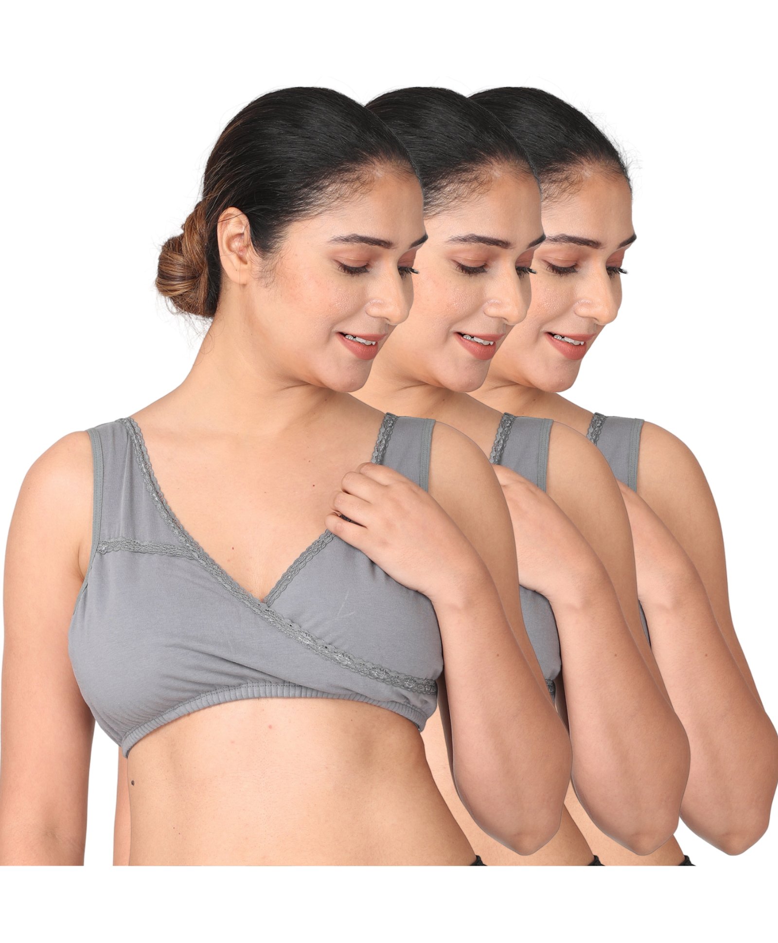 Morph Pack Of 3 Maternity Cotton Leak Proof Sleep Nursing Bra No Hooks Or Clips - Steel Grey-picture-3