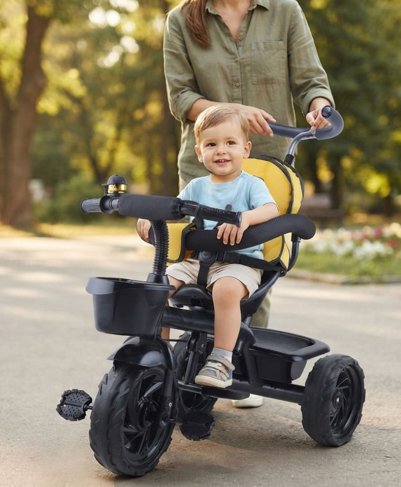 JoyRide Learn To Ride  Stalwart Plug N Play Tricycle With Safety Harness Parental Handle & Seat Cover - Yellow-picture-20