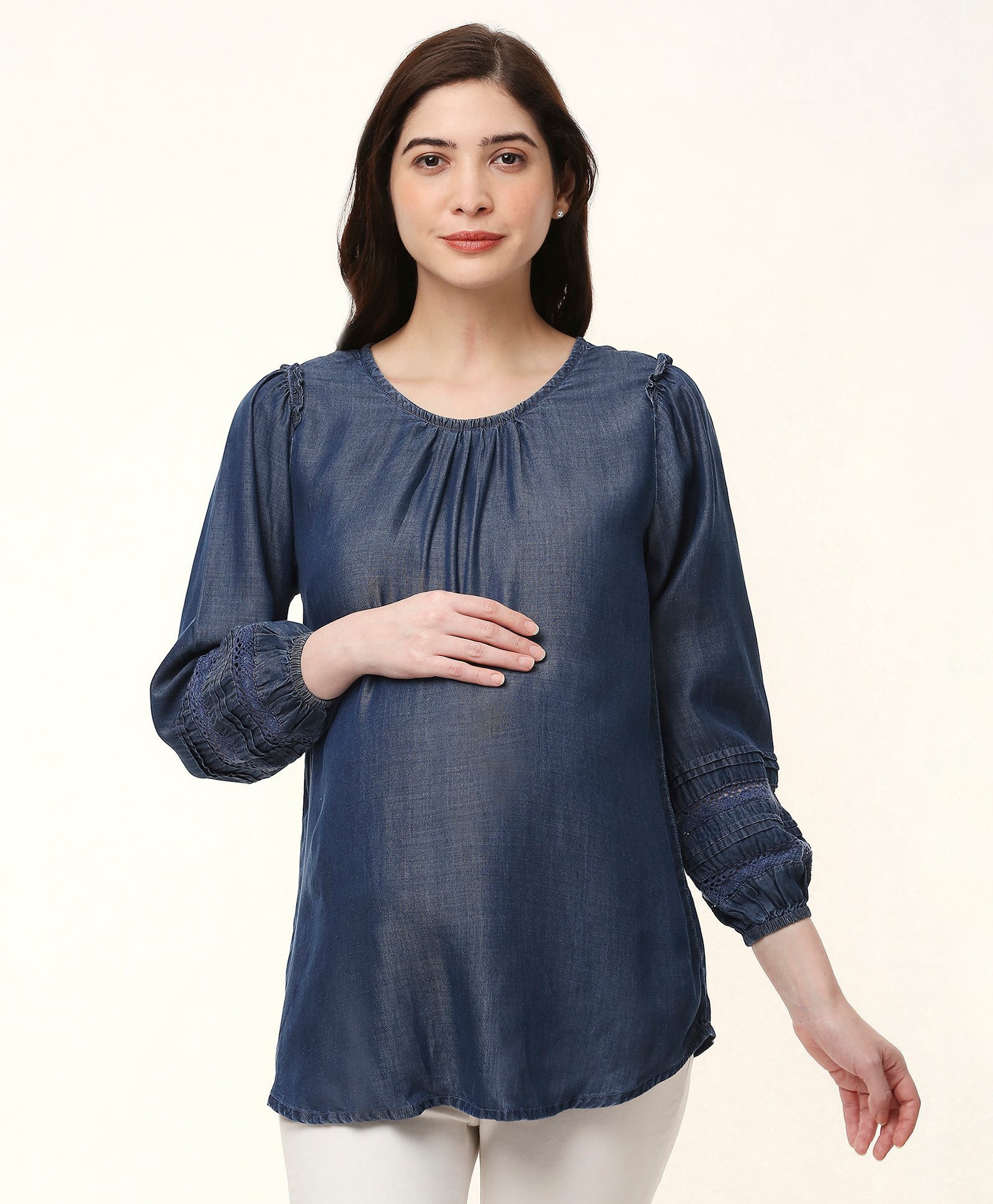 Bella Mama Three Fourth Sleeves Maternity Denim Top with Insert Lace Detailing - Blue-image-9