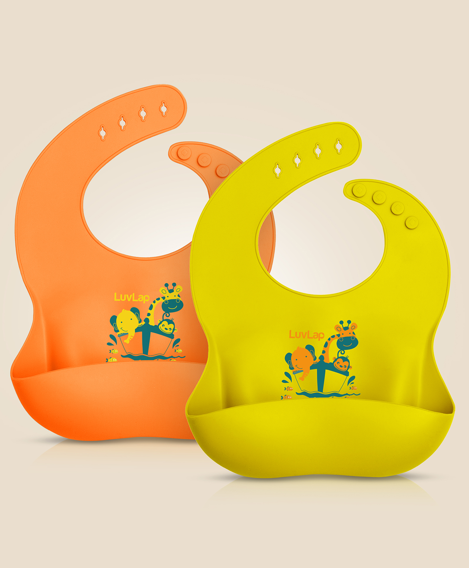 LuvLap Waterproof Silicone Bib With Adjustable Button Closure Monkey Print Pack of 2 - Yellow & Orange-picture-19