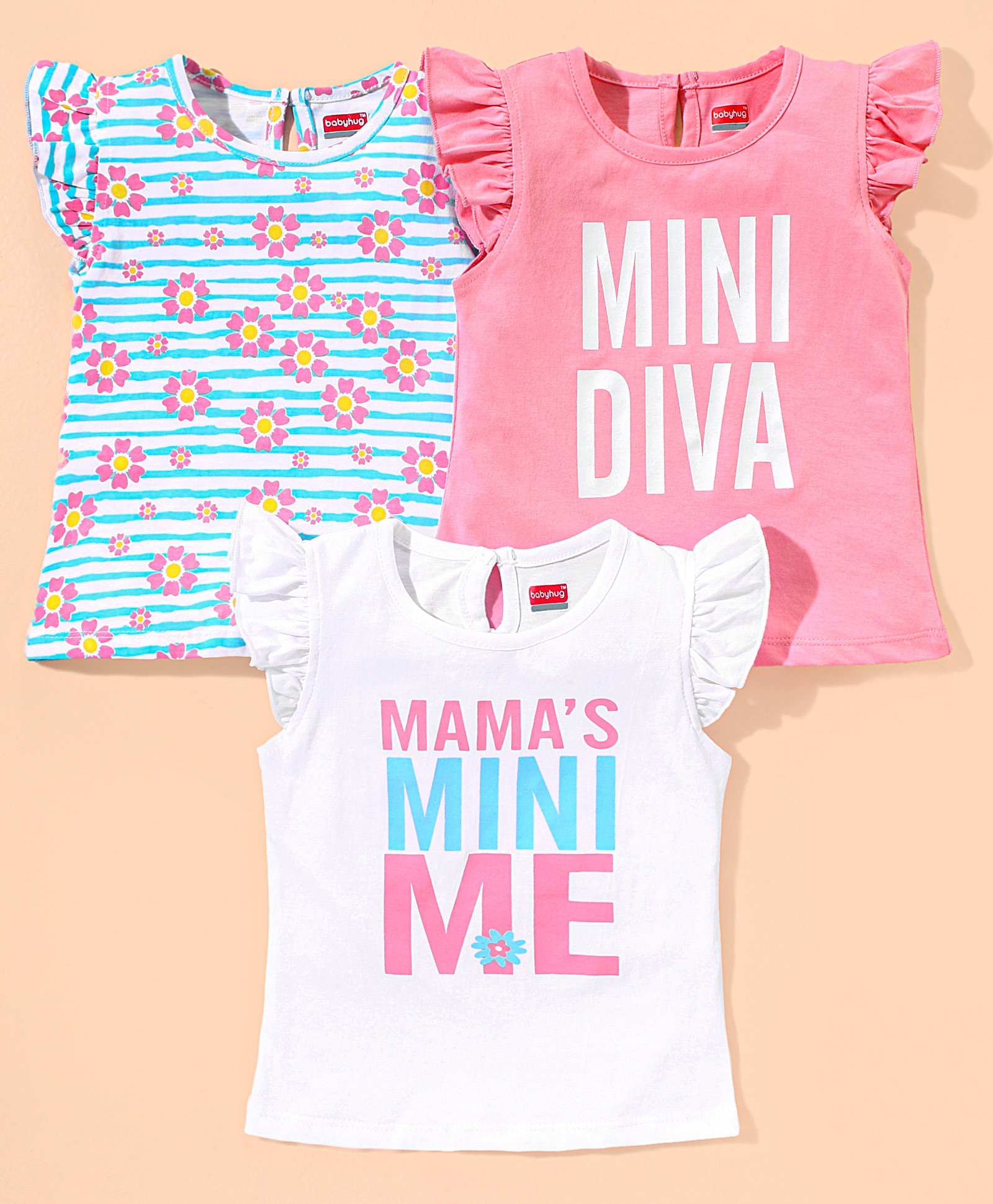 Babyhug 100% Cotton Knit Half Sleeves Tee with Graphics and Frill Detailing Stripes & Floral Print Pack of 3 - Blue & Pink-image-21