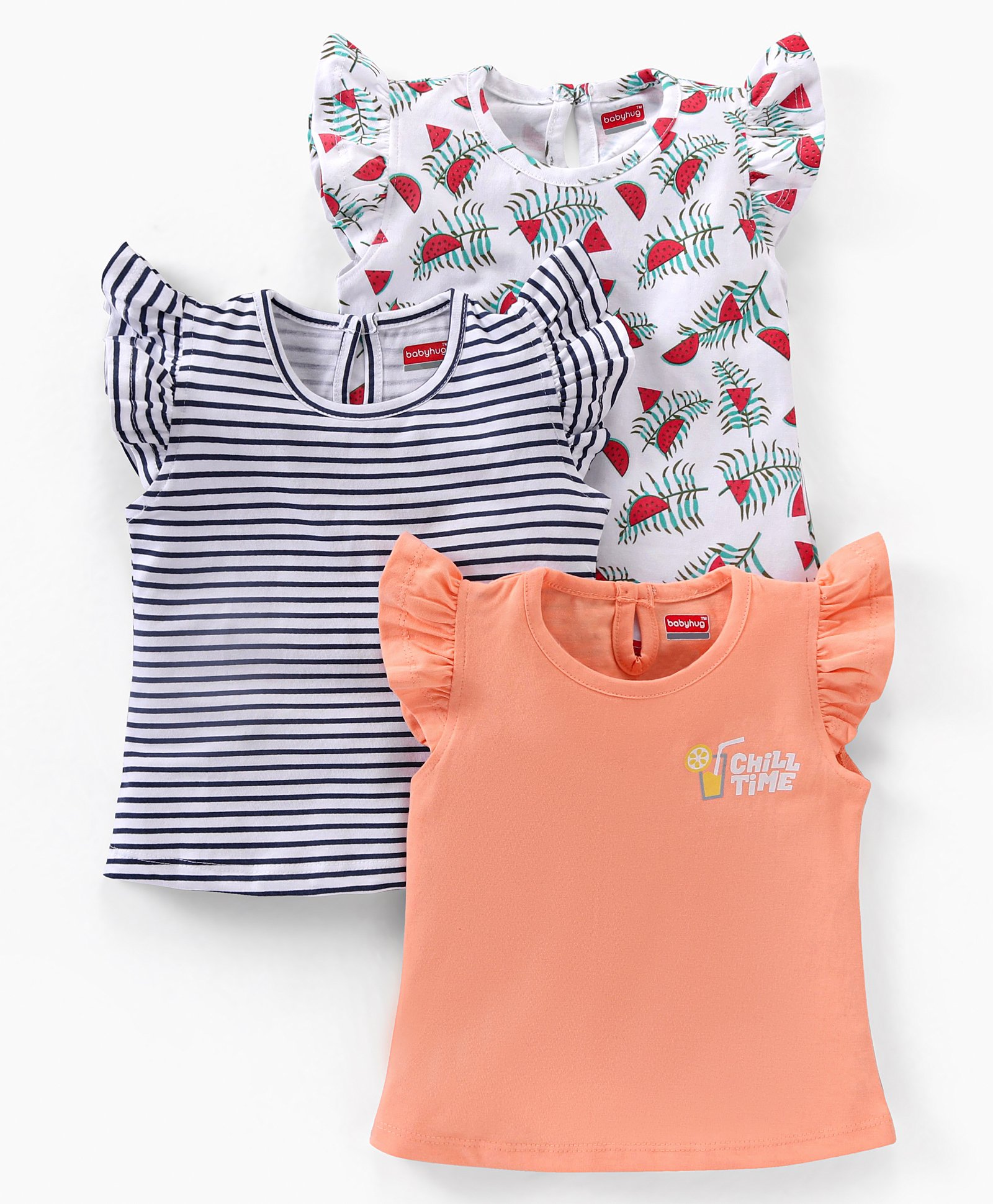 Babyhug Cotton Short Sleeves Tees with Frill Detailing and Graphics Pack of 3 - Peach-image-47
