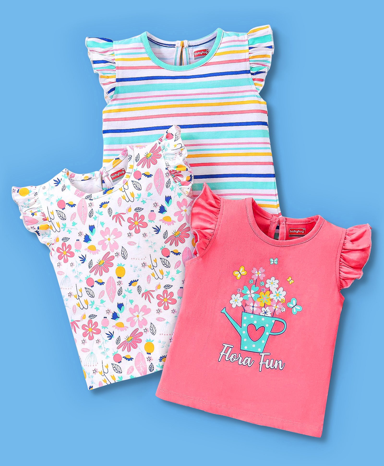 Babyhug Cotton Short Sleeves Tees with Graphics & Frill Detailing Pack of 3 - Blue & Pink-image-33