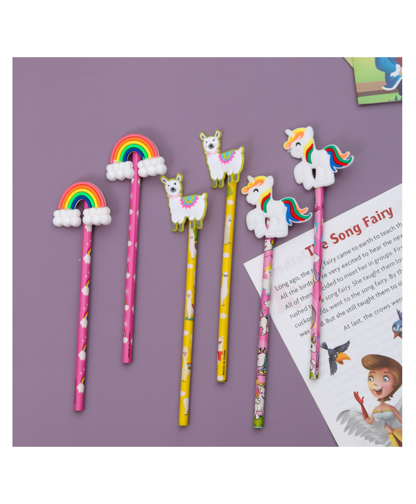 Yellow Bee Pencil with Unicorn Rainbow & Lama Motifs Pack of 6 - Multicolour-picture-36