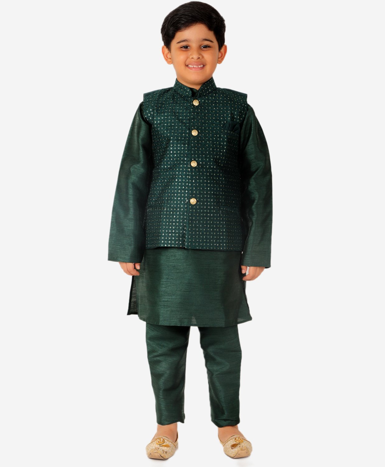 P-MARK Full Sleeves Solid Kurta With Seamless Moroccan Design Detailed Embroidered Jacket & Pyjama - Dark Green-image-20