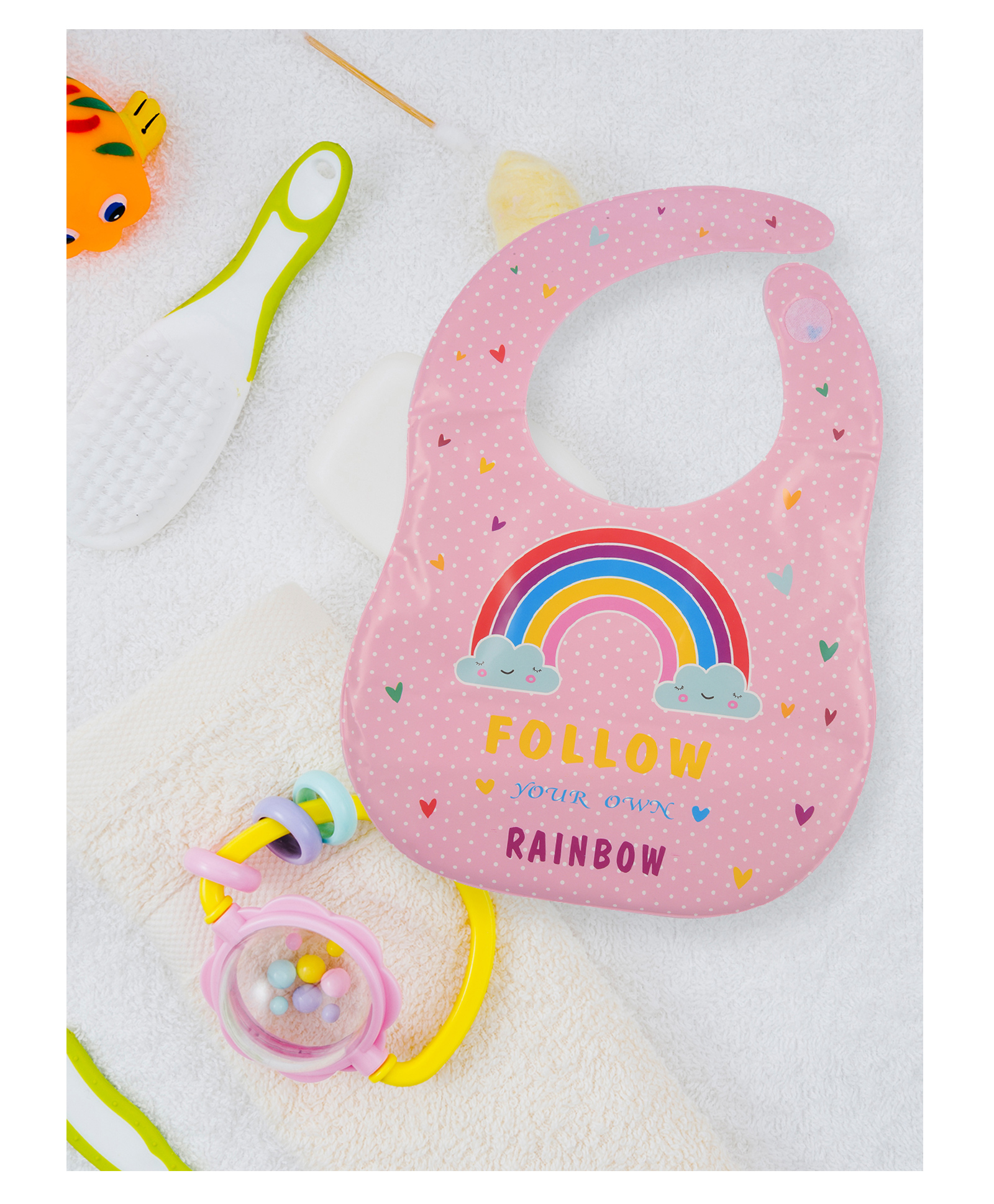 Yellow Bee PVC Hook & Loop Closure Rainbow Print Bib- Pink-image-44