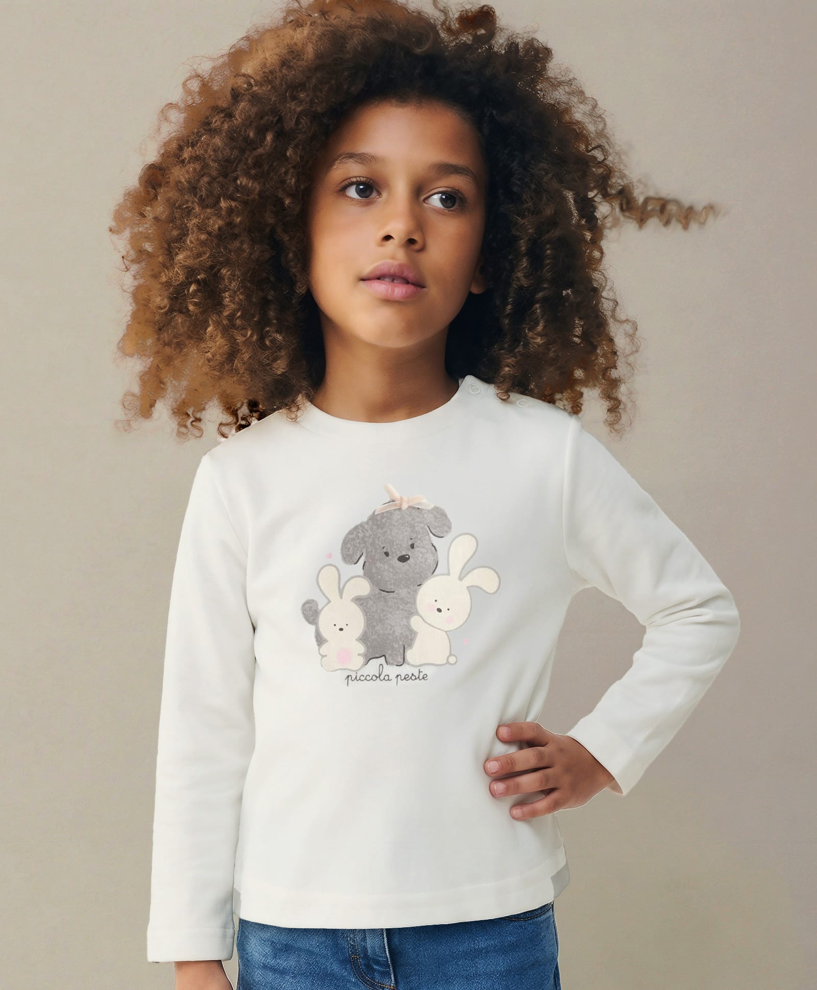 iDO Italy Interlock Full Sleeves T-Shirt Puppy Print & Bow Applique - Cream-picture-36