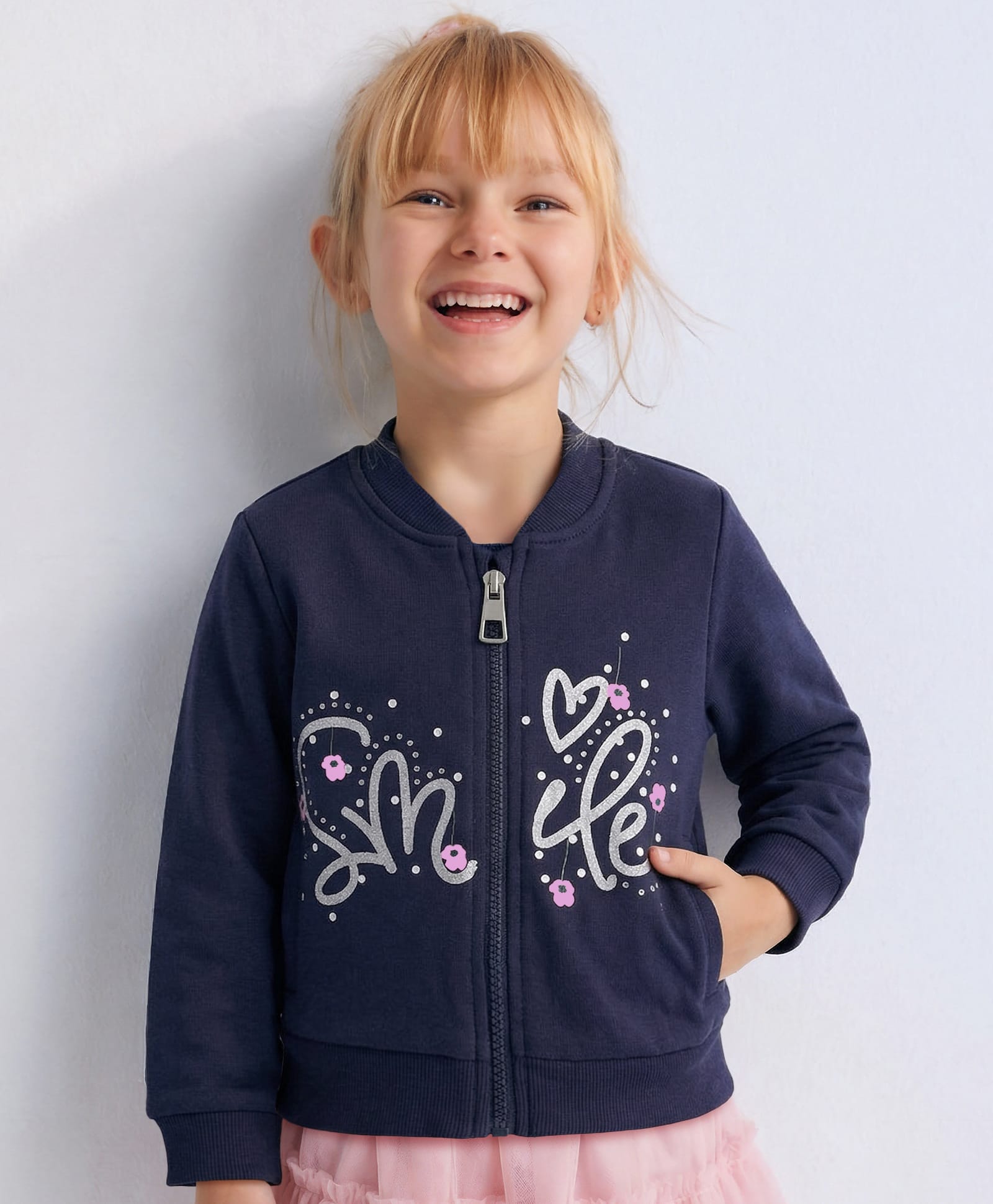iDO Italy Cotton Full Sleeves Jacket Glitter Text Print- Navy Blue-picture-31
