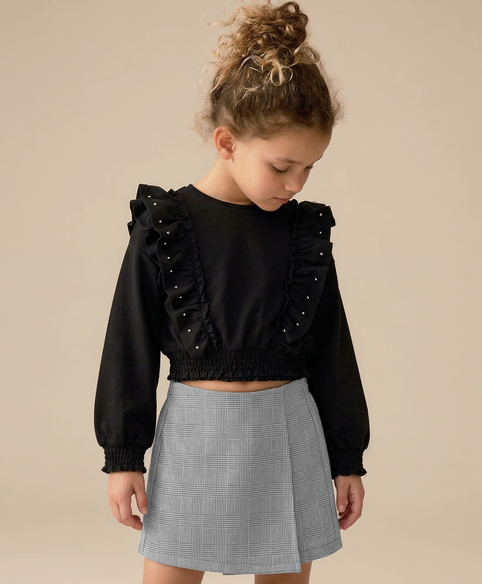 iDO Italy Cotton Full Sleeves Frill Detailing Top and Chequered Skirt - Black-picture-13