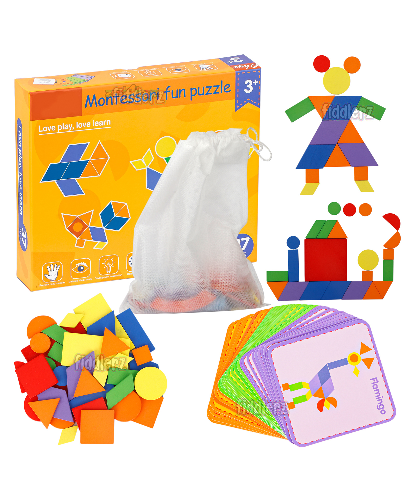 Fiddlerz Blocks Jigsaw Puzzle Sorting and Stacking Games Wooden Pattern Montessori Educational Toys for Kids- 37 Shape Pieces & 30 Cards-picture-28