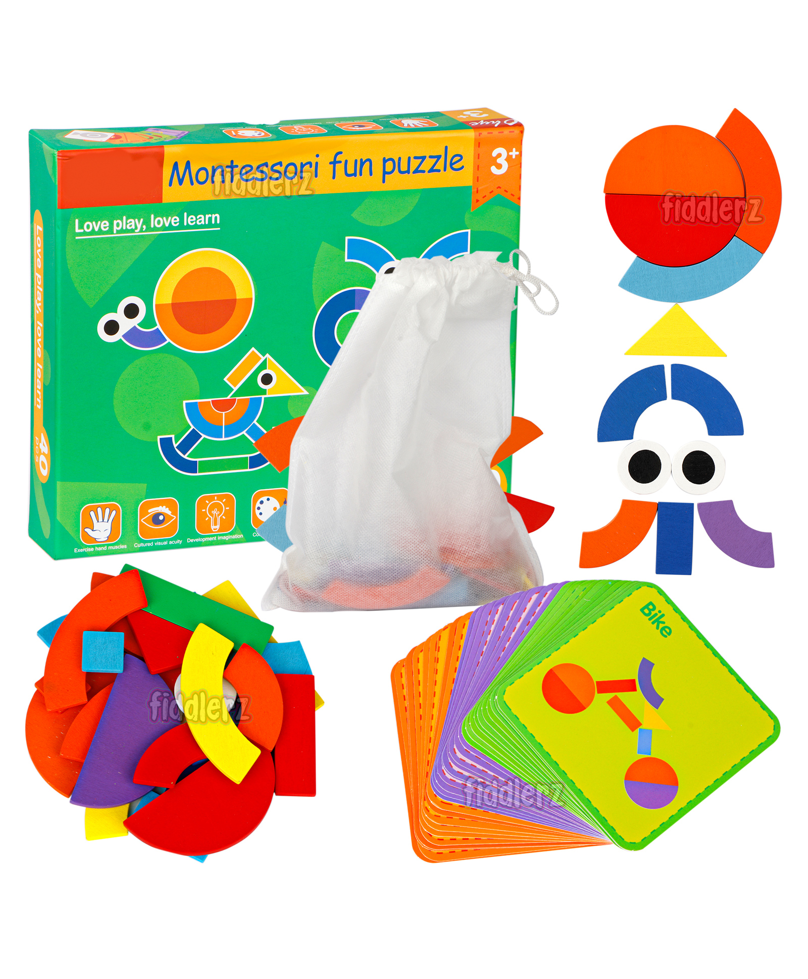 Fiddlerz Blocks Jigsaw Puzzle Sorting and Stacking Games Wooden Pattern Montessori Educational Toys for Kids Multicolor- 40 Shape Pieces & 30 Cards-picture-27