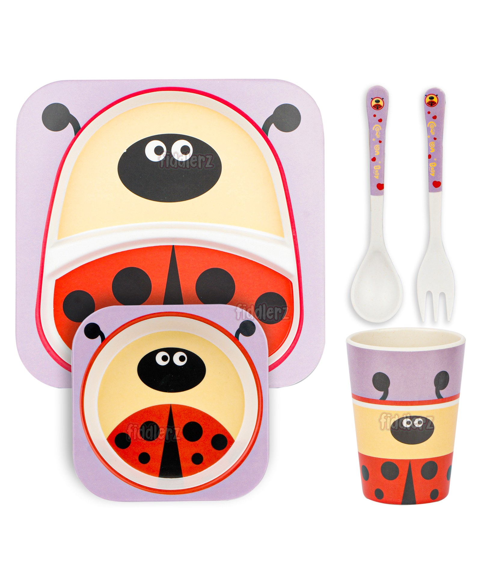 Fiddlerz Bamboo Baby Tableware Kids Dinning Bee Print Set Pack of 5 - Multicolor-image-38