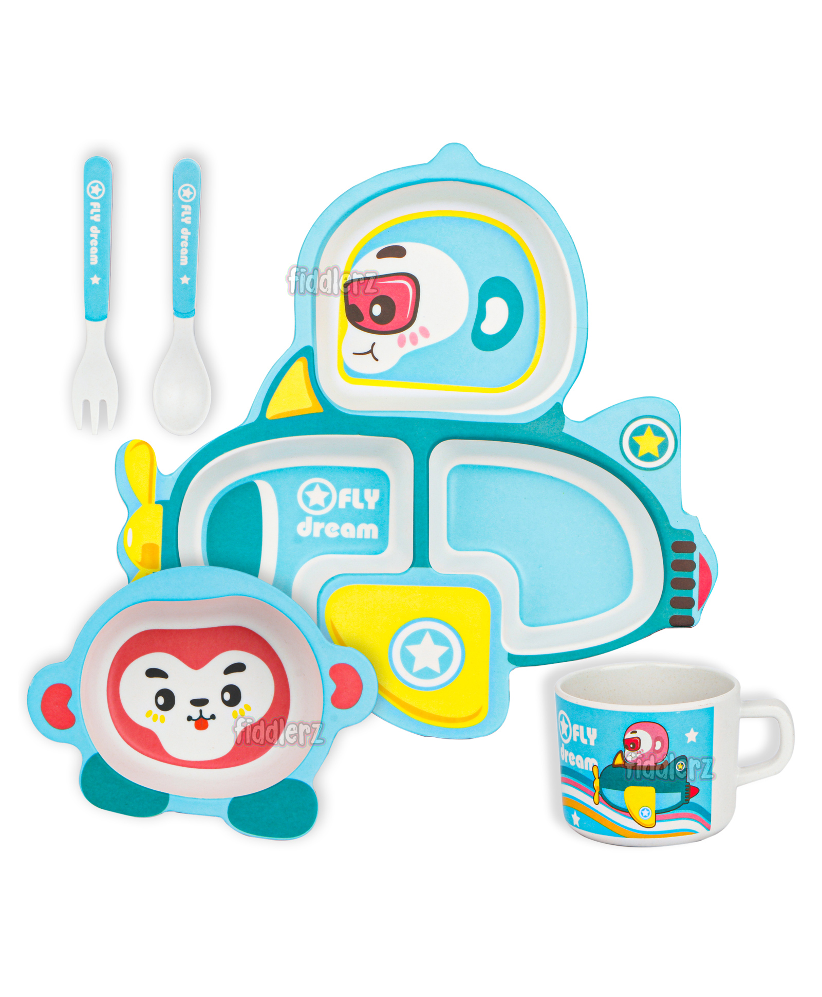 Fiddlerz Bamboo Baby Tableware Dinning Set Pack of 5 - Blue-image-2