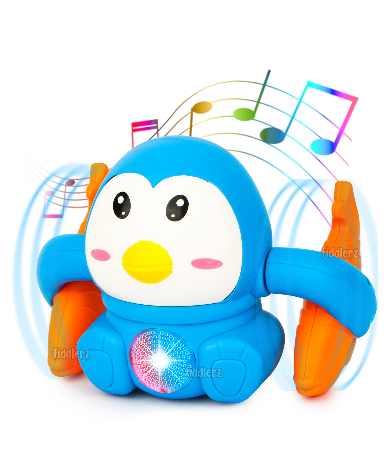 Fiddlerz Battery Operated  Tumbling Penguin Electric Musical Toy With Voice Control Sensor Light Music And Fish Rotating Arm Sound (Color May Vary)-image-2