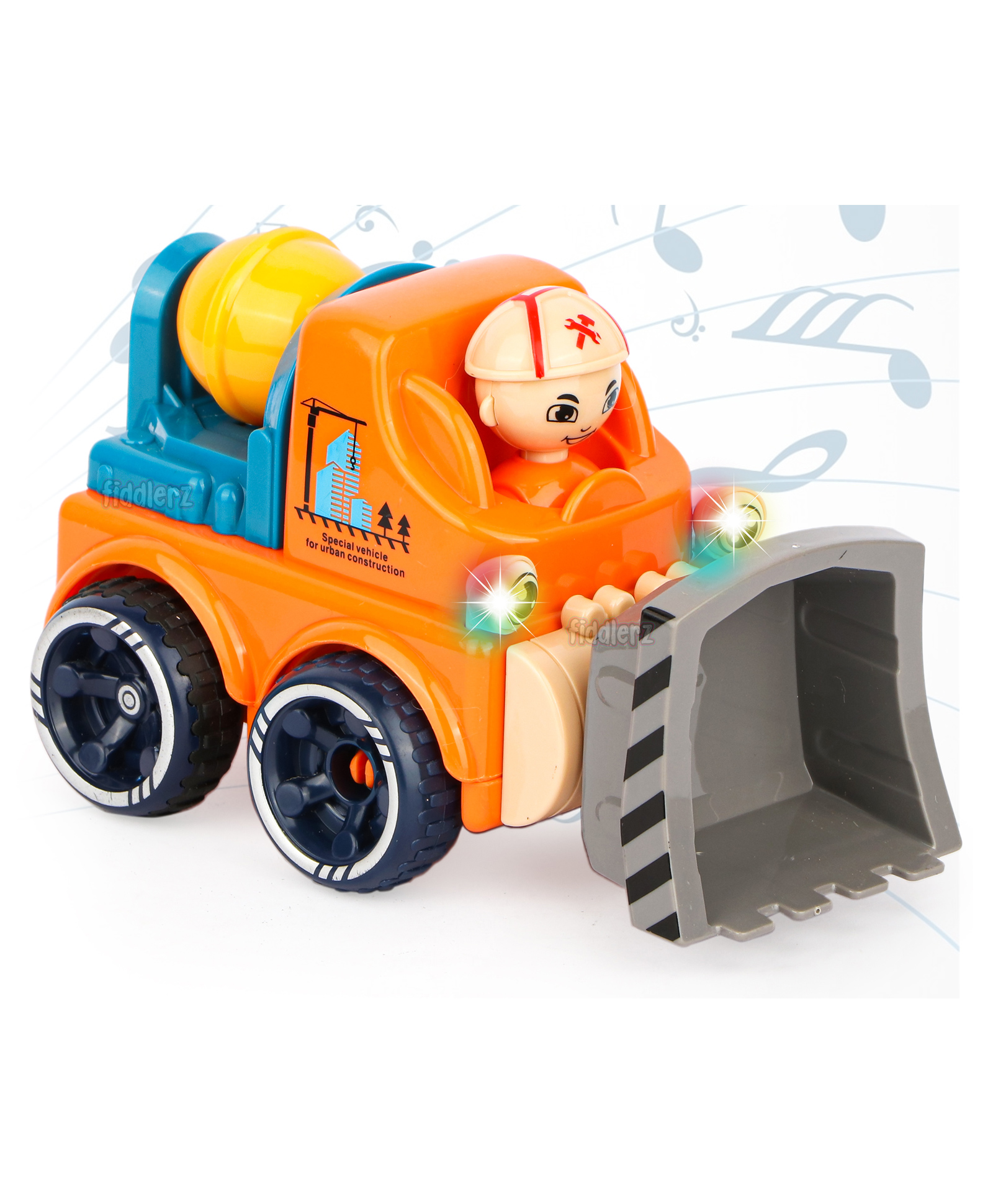 Fiddlerz Unbreakable Construction Toy Truck Friction Powered Toys Sound and Light Toys For Babies Push and Go Toys For Kids (Cement Mixer) - Orange-image-12