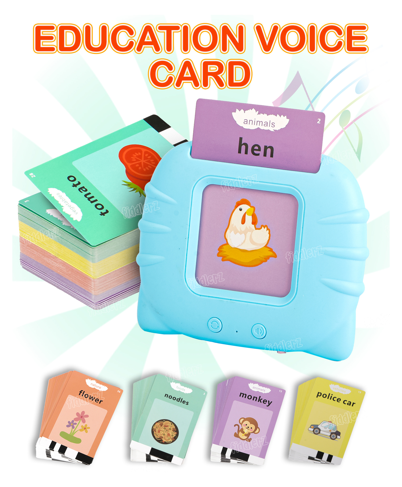 Fiddlerz Words Flash Cards for Kids Preschool Electronic Reading Early Talking English Flashcards Toy for Kids Baby Toddler Gifts (112 Card ) Electronic Device - Blue-image-45
