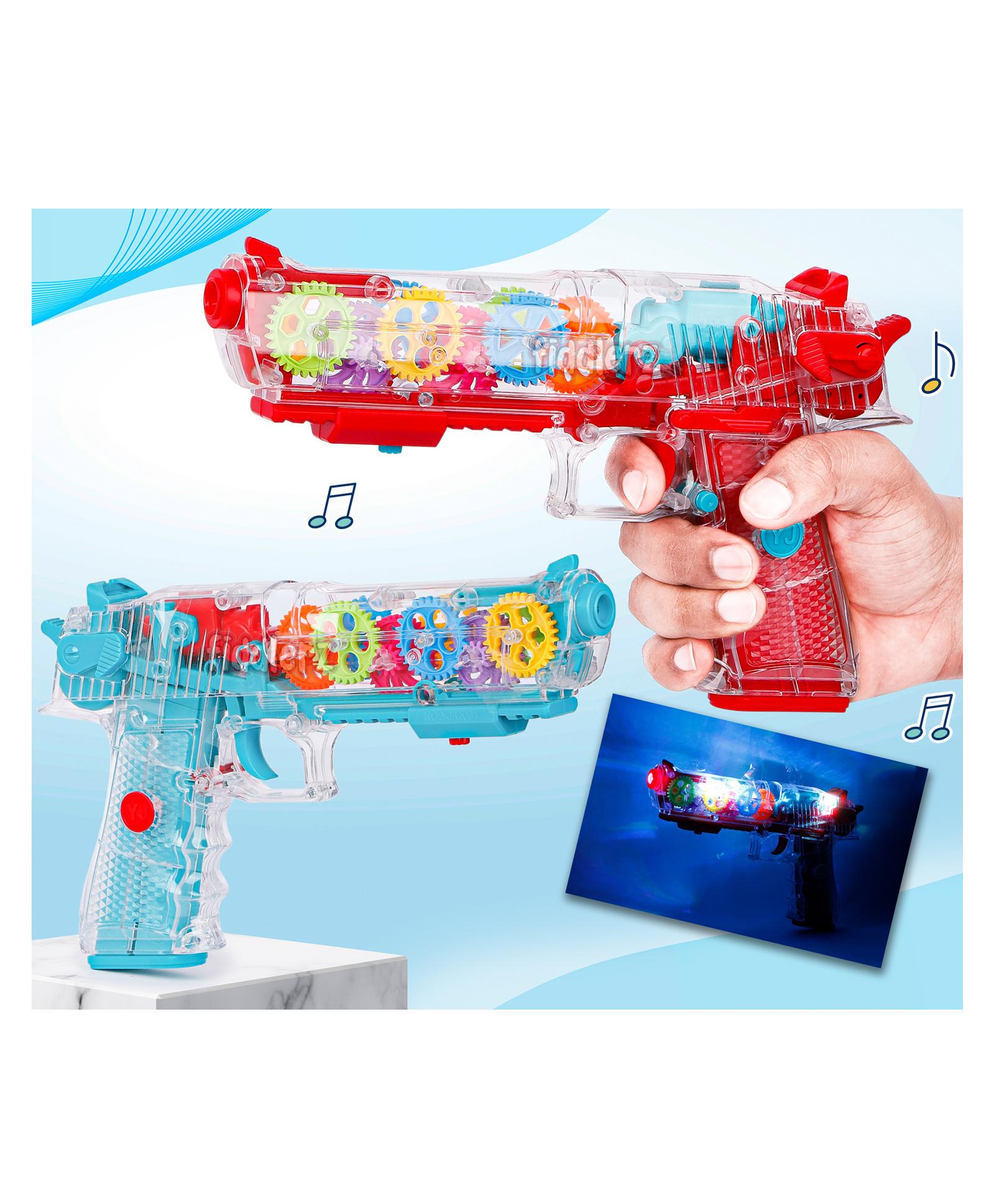 Fiddlerz Musical Toy Battery Operated Transparent Gun Toy 3D Flashing Light & Sound Toys Blaster Gun with Moving Gears - Colour May Vary-image-35