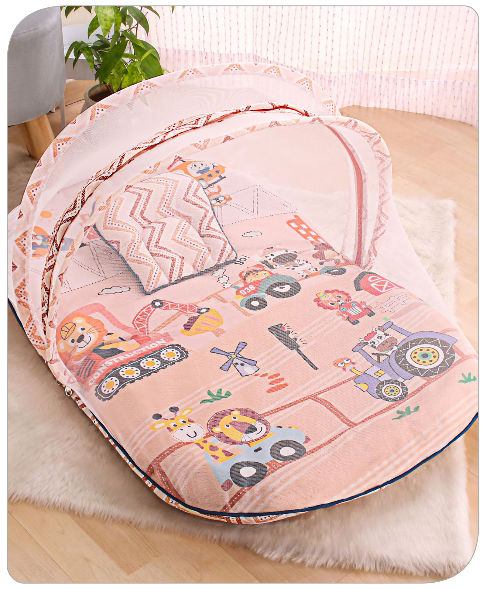 Babyhug Cotton Bedding Set with Mosquito Net Vehicle Print- Biege-image-14