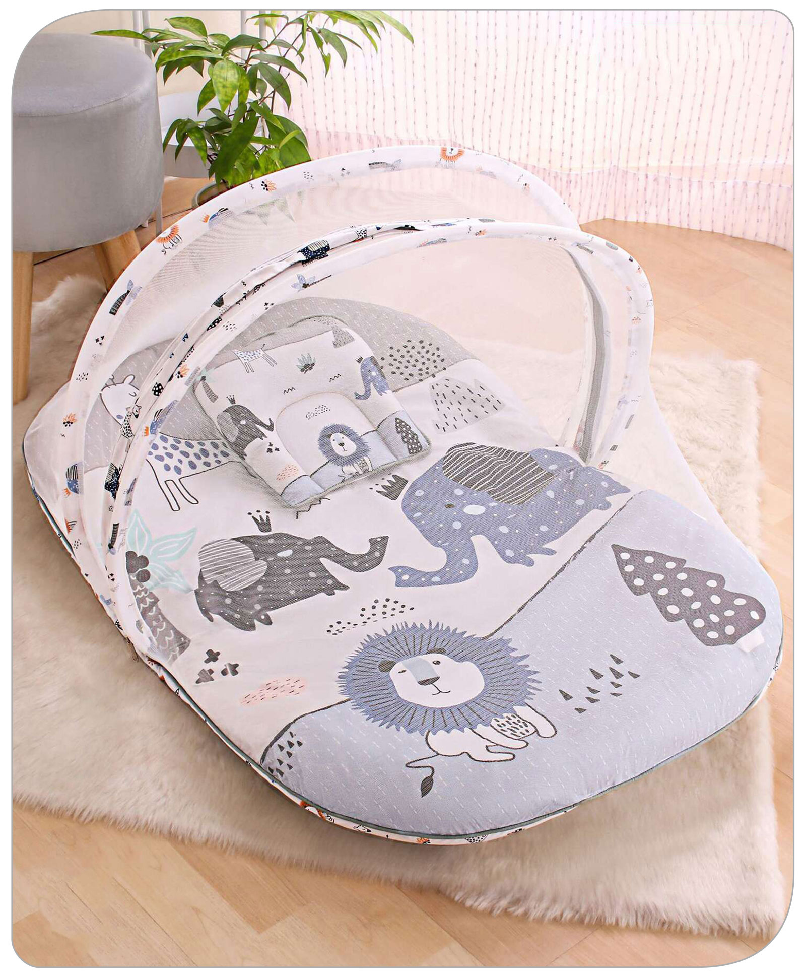 Babyhug Cotton Bedding Set with Mosquito Net Animal Print- Multicolor-image-12