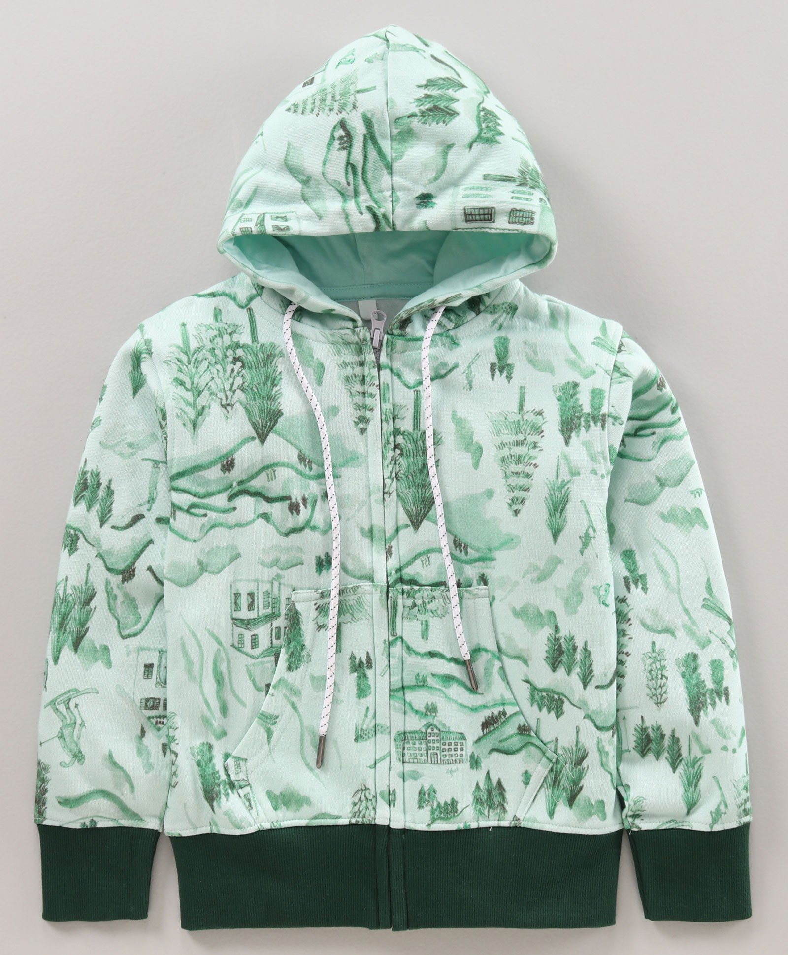 Earth Conscious Full Sleeves Seamless Houses & Tree With Mountain Printed Hooded Fleece Jacket - Green-picture-10