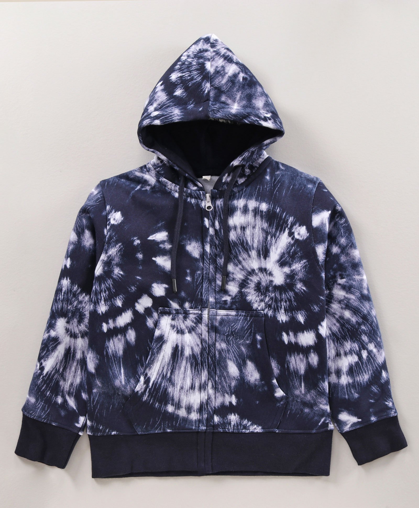 Earth Conscious Full Sleeves Spiral Tie & Dye Hooded Fleece Jacket - Navy Blue & White-picture-20