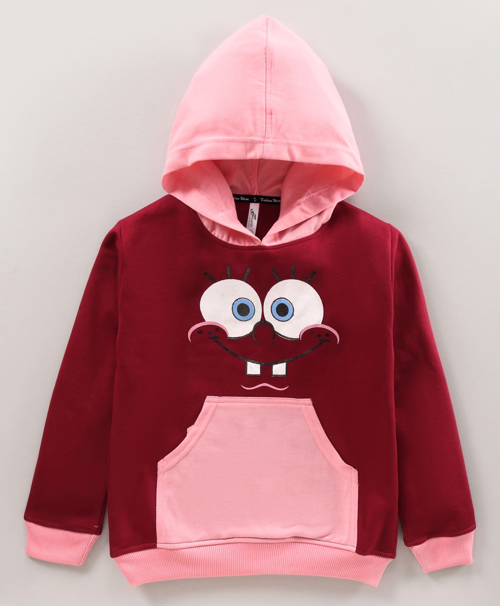 Earth Conscious Fleece Full Sleeves Spongebob Squarepants Printed Hooded Sweatshirt - Pink Maroon-image-43