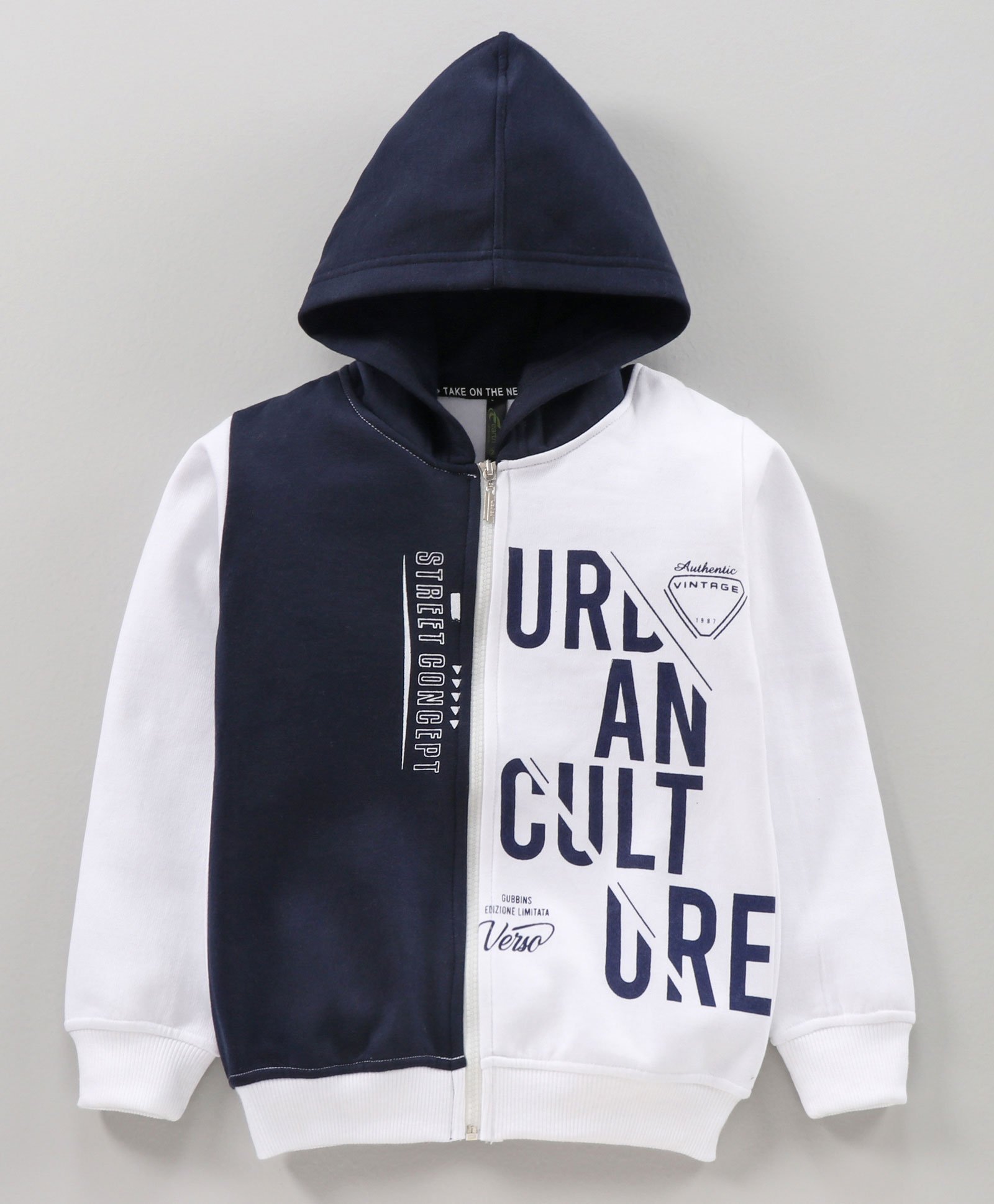 Earth Conscious Full Sleeves Placement Text Printed Color Blocked Fleece Hoodie Sweatshirt Hoodie - White & Navy Blue-image-49