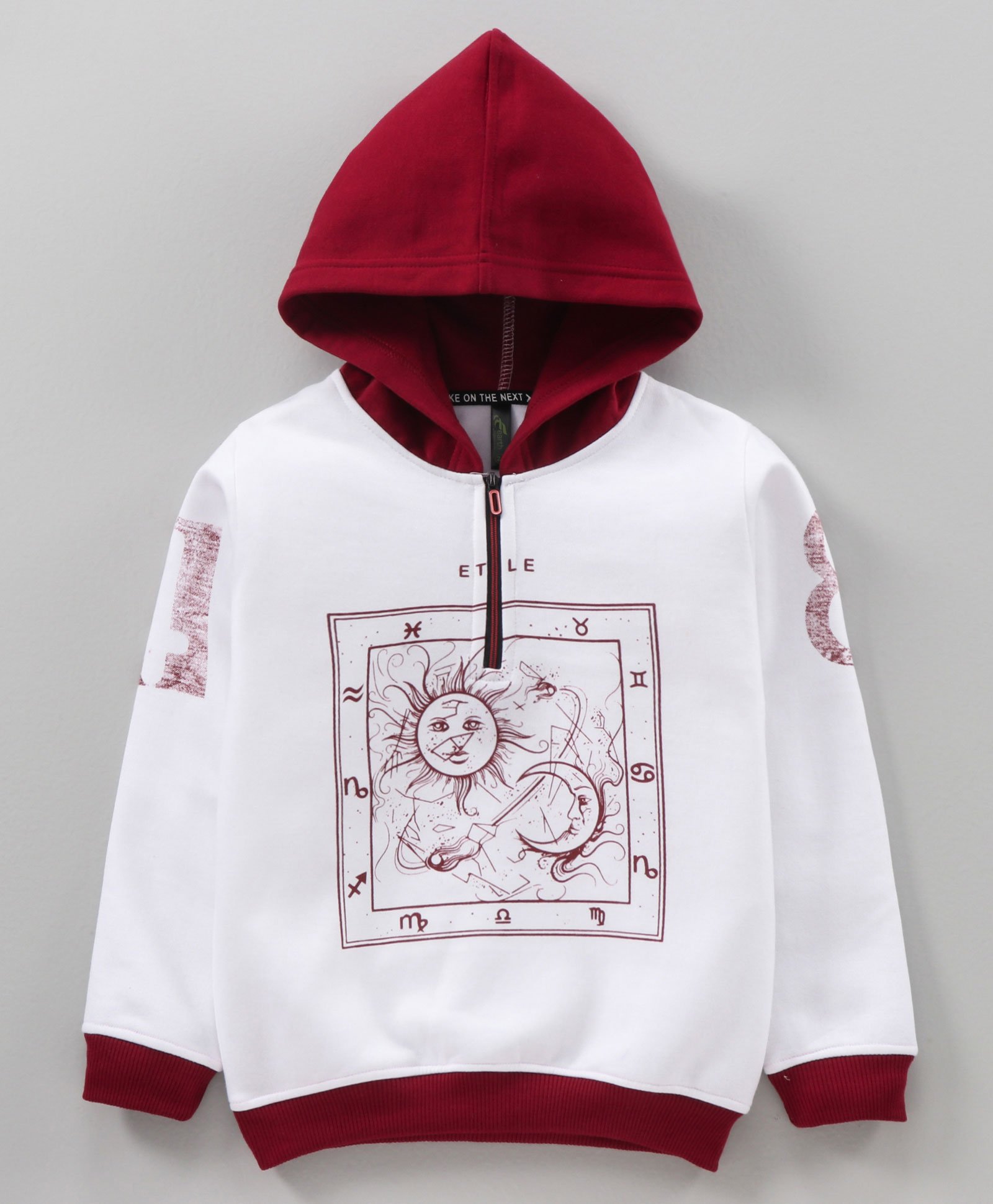 Earth Conscious Full Sleeves Tarot Printed Color Blocked Fleece Hoodie Sweatshirt - White & Maroon-image-42