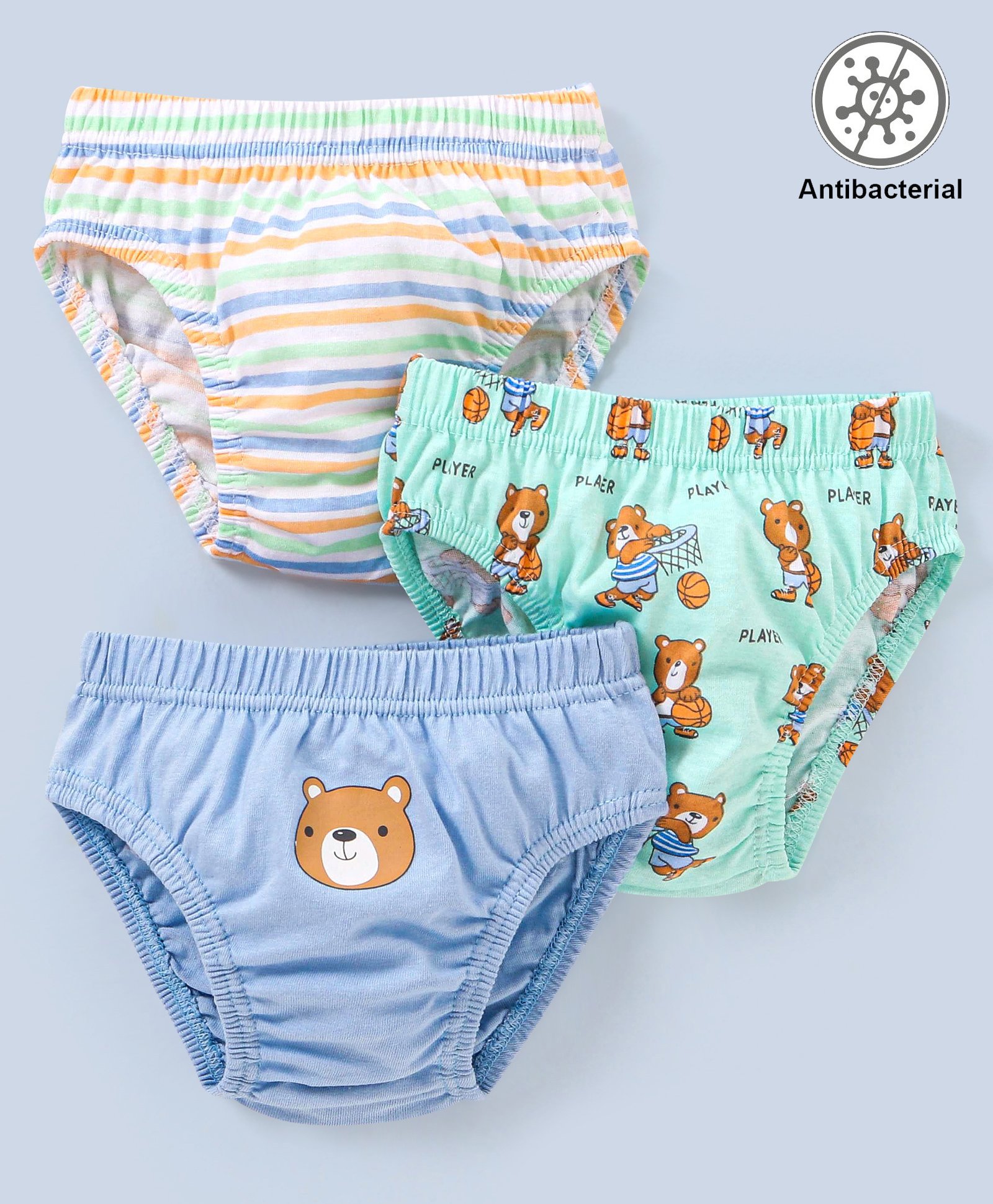 Babyhug 100% Cotton Knit Anti Bacterial Briefs Striped & Bear Print Pack of 3 - Blue & Green-image-42