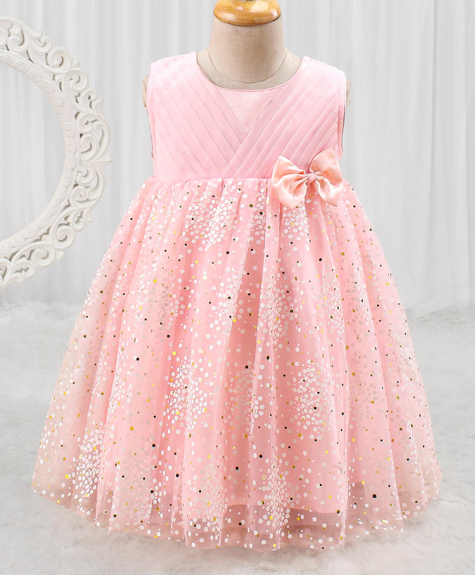 Babyhug Woven Sleeveless Party Dress with Bow - Peach-picture-36