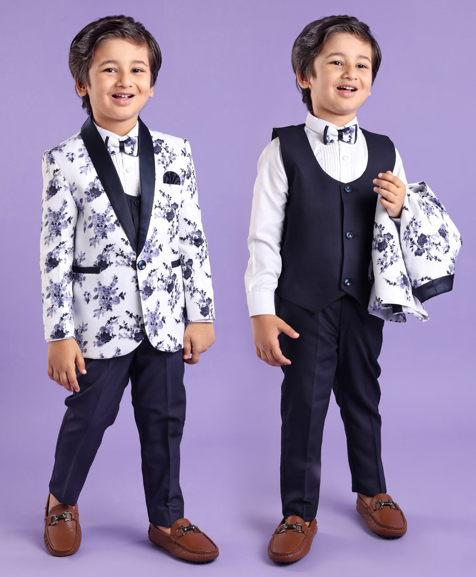 Babyhug Full Sleeves Party Suit With Blazer Floral Print- White & Blue-picture-10