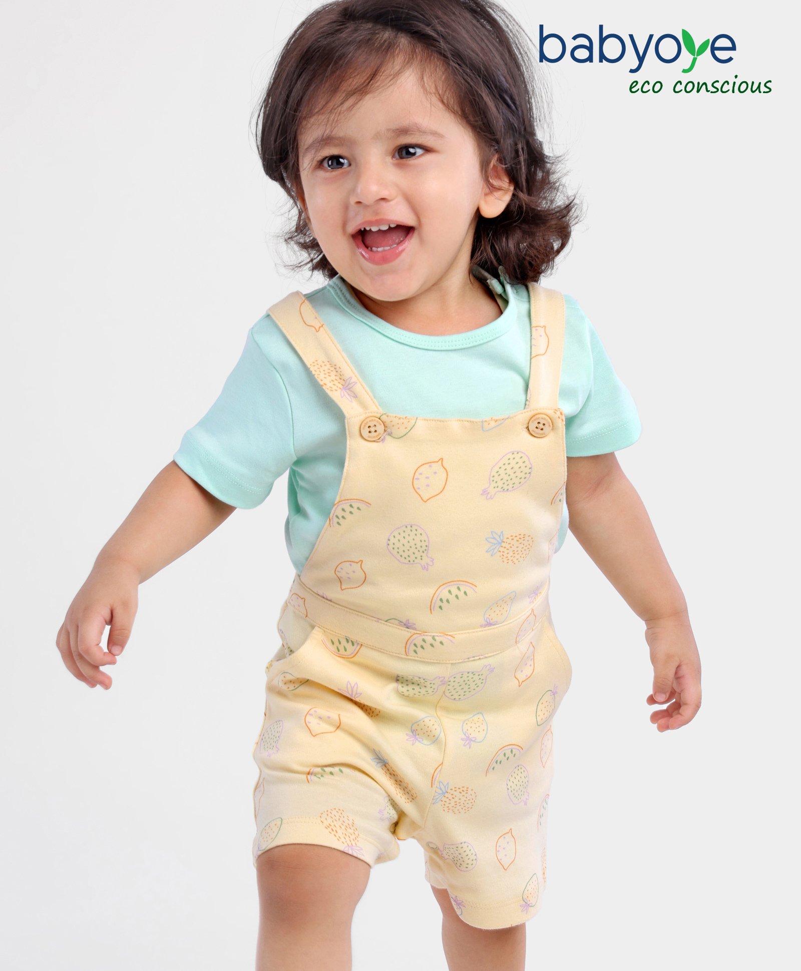 Babyoye 100% Cotton with Eco Jiva Finish Half Sleeves T-Shirt & Dungarees Set Veggies Print - Blue & Beige-image-37