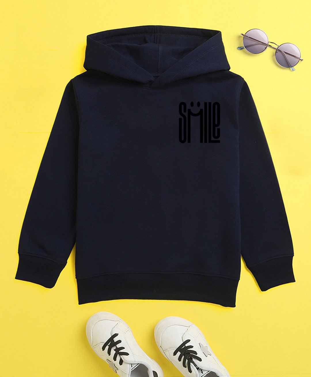 NUSYL Cotton Fleece Unisex Full Sleeves Smile Print Hooded Sweatshirt - Navy Blue-picture-19