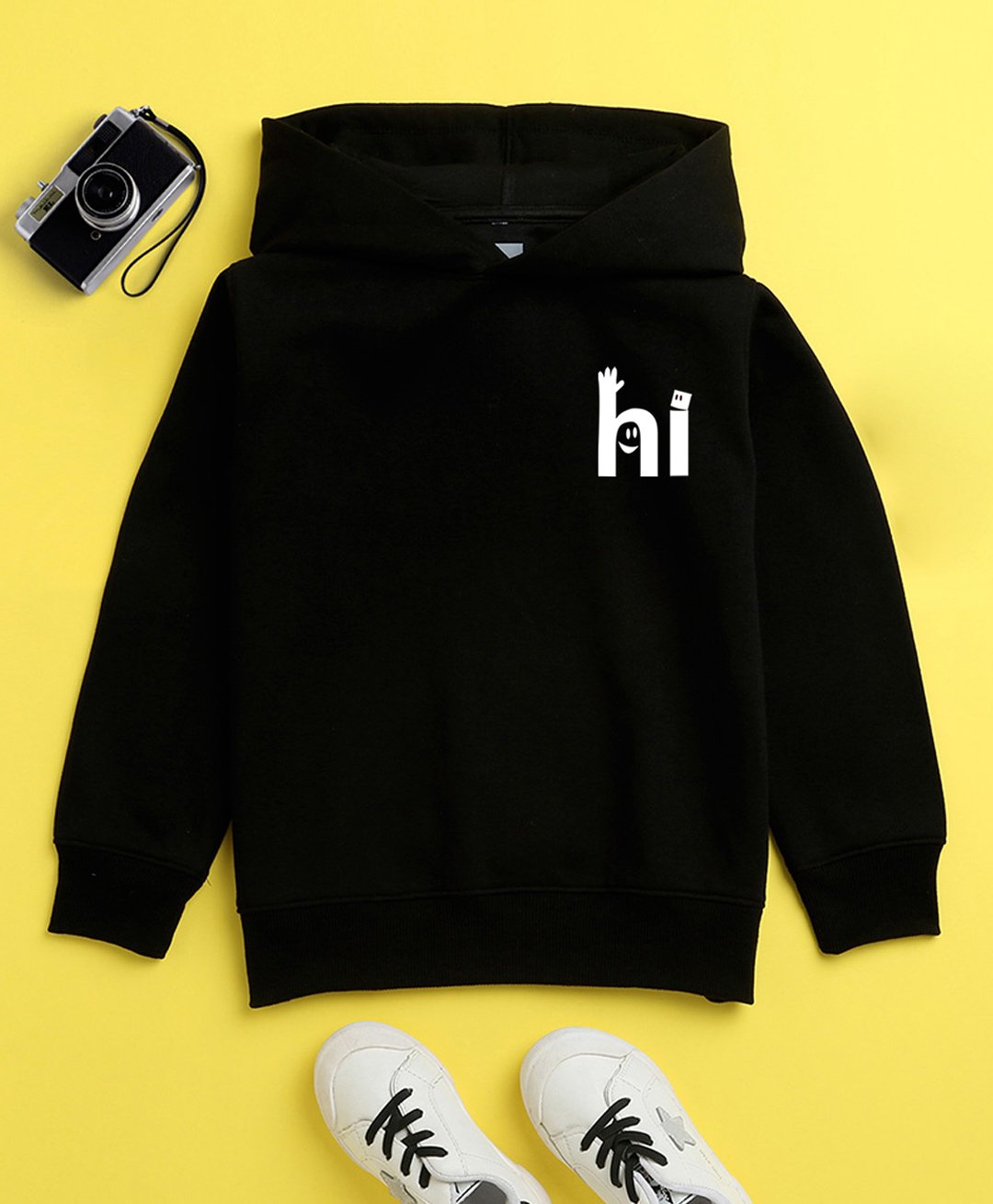 NUSYL Cotton Fleece Unisex Full Sleeves Hi Print Hooded Sweatshirt - Black