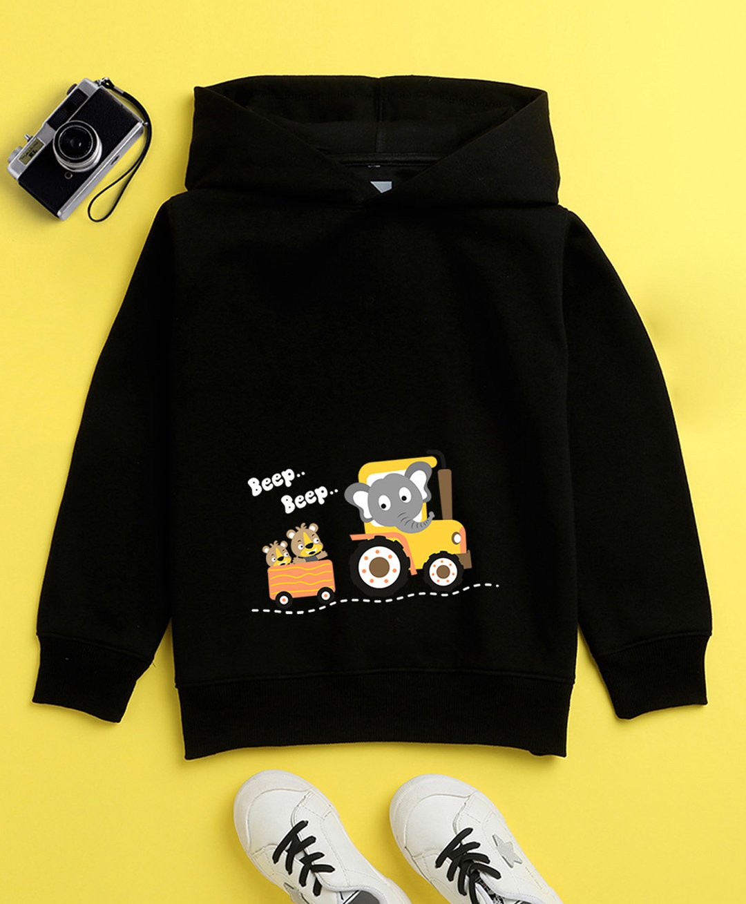 NUSYL Cotton Fleece Unisex Full Sleeves Elephant And Bear On Wheels Print Hooded Sweatshirt - Black-picture-26