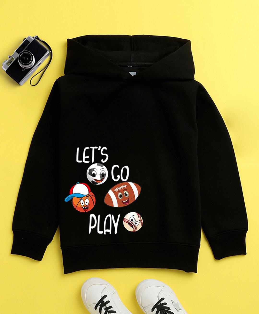 NUSYL Full Sleeves Lets Go Play Text With Football & Volleyball Printed Hooded Sweatshirt - Black-picture-12