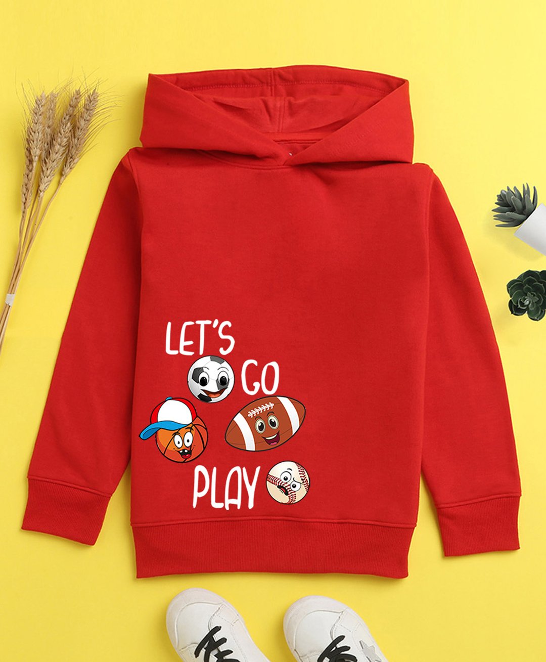 NUSYL Full Sleeves Lets Go Play Text With Football & Volleyball Printed Hooded Sweatshirt - Red-picture-12