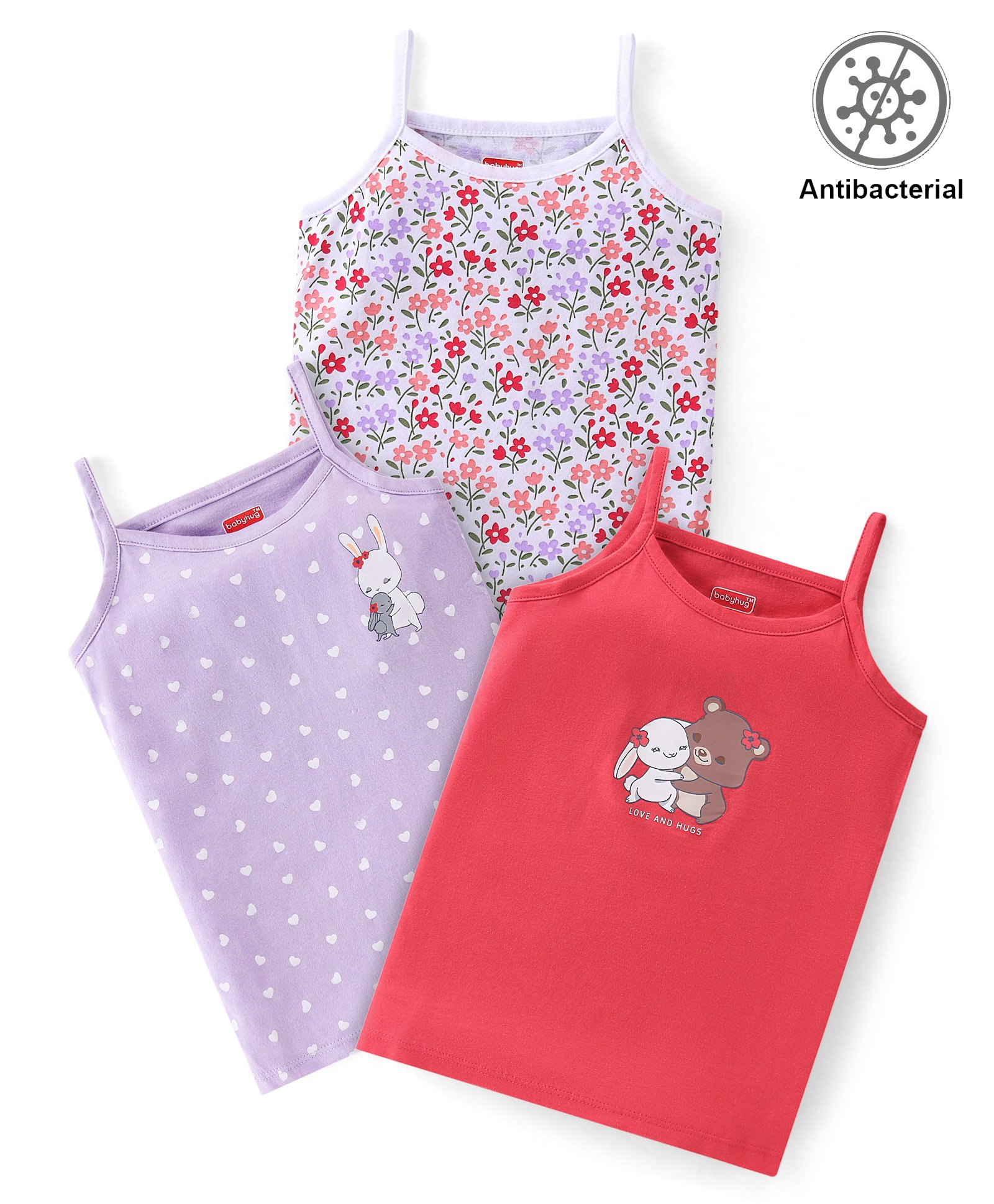 Babyhug 100% Cotton Antibacterial Finish Sleeveless Slips Pack of 3 - Red Purple-picture-27