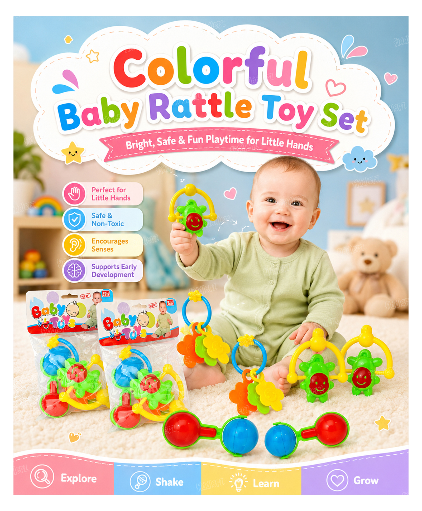 Fiddlerz Rattles Toys for Kids Pack of 6 - Multicolour-image-36