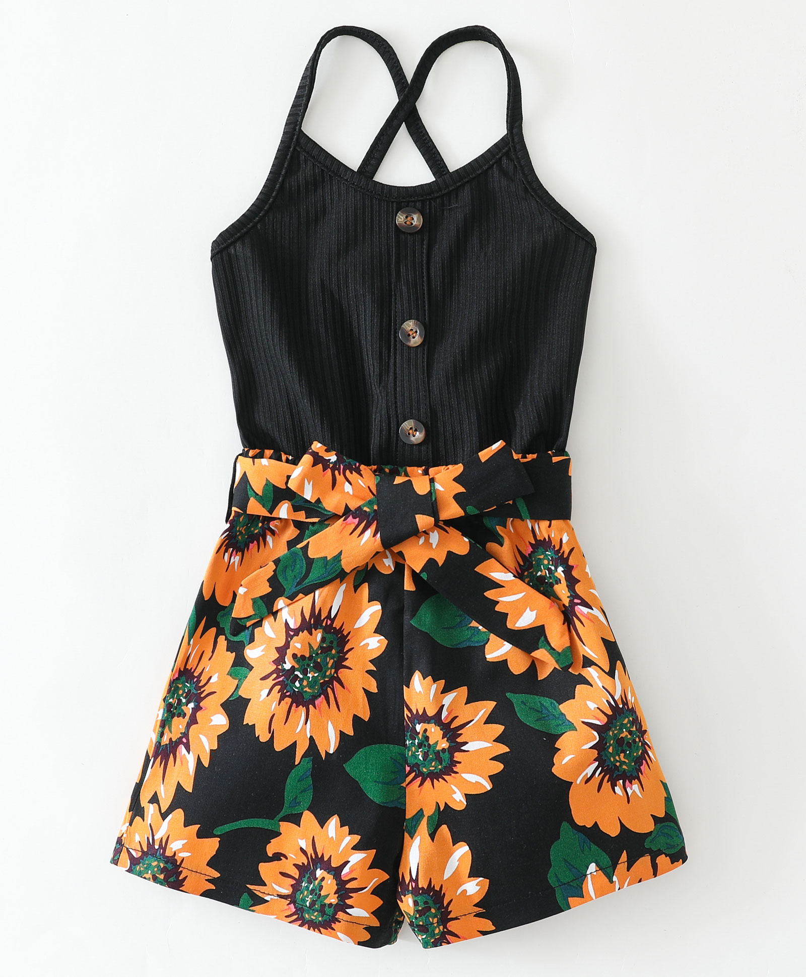 Kookie Kids Sleeveless Jumpsuit Floral Print & Bow Applique - Black-picture-21