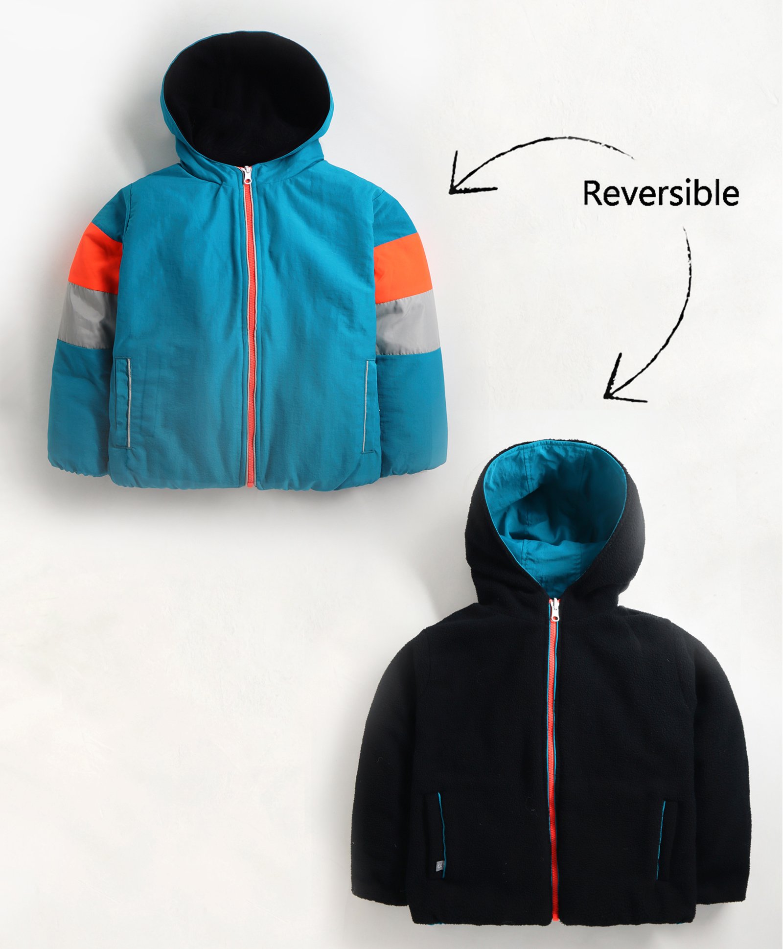 Cherry Crumble By Nitt Hyman Full Sleeves Reversible Polar Fleece Hooded Zipper Jacket - Black & Blue-image-6