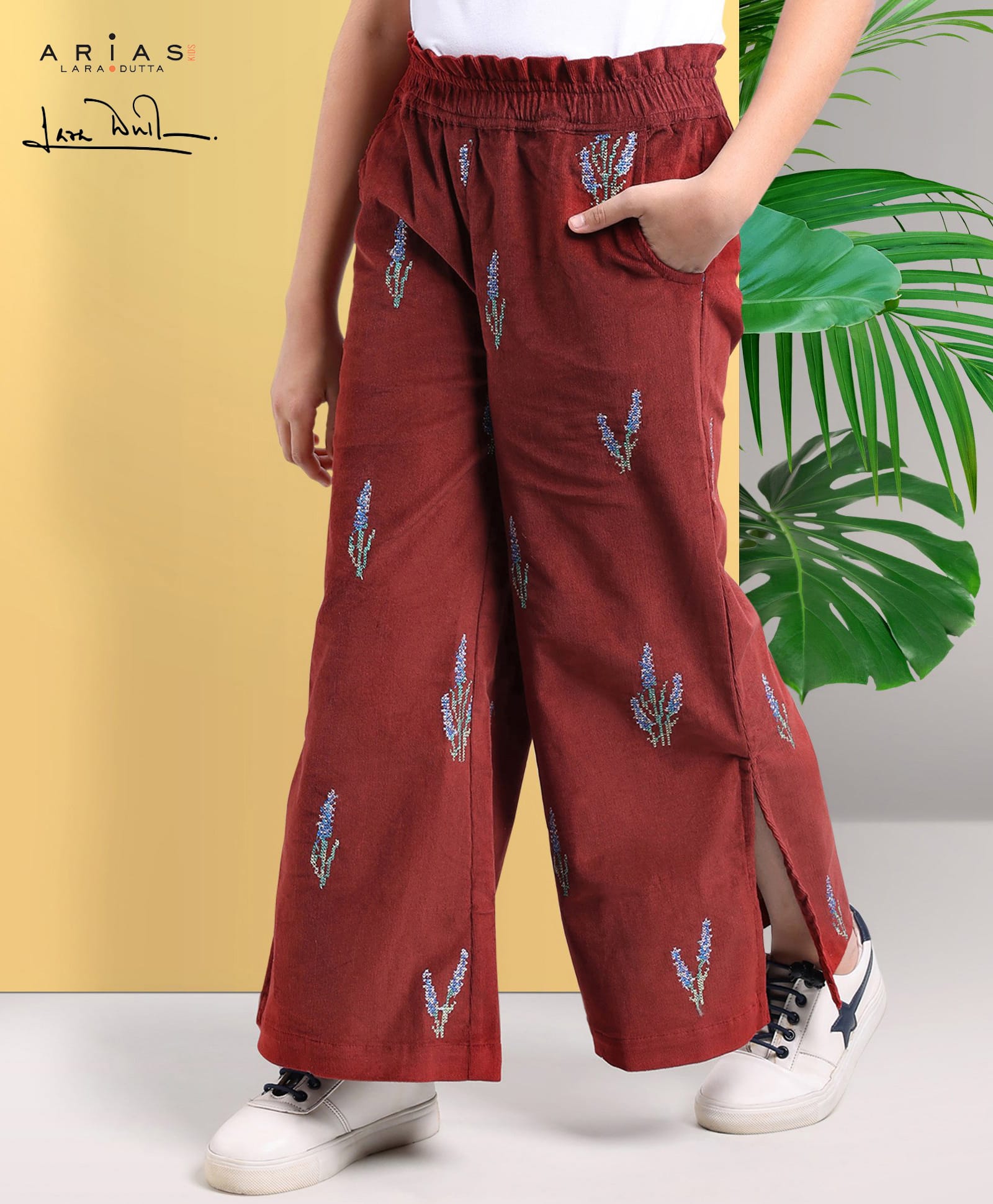 arias by lara dutta Arias Cotton Corduroy Stretch Full Length Flared Pant With All Over Embroidery - Maroon-picture-13