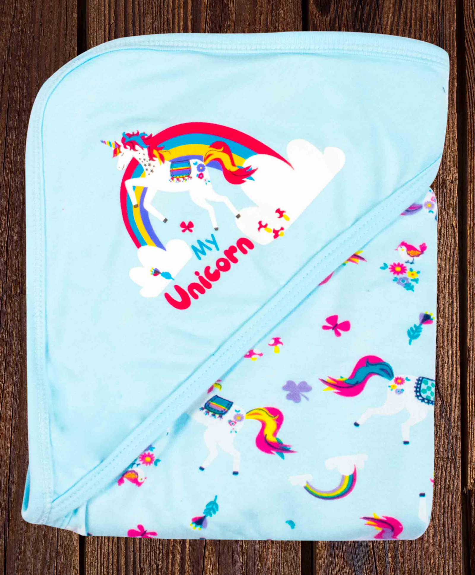 Mittenbooty Baby Hooded Wrapper Double Ply Unicorn Print-Aqua Blue-image-49