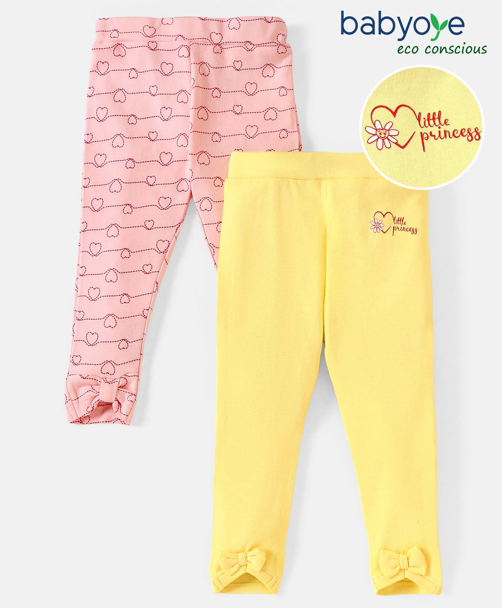 Babyoye Eco Conscious 100% Cotton Full Length Eco Jiva Leggings Heart Print Pack of 2 - Pink & Yellow-picture-25