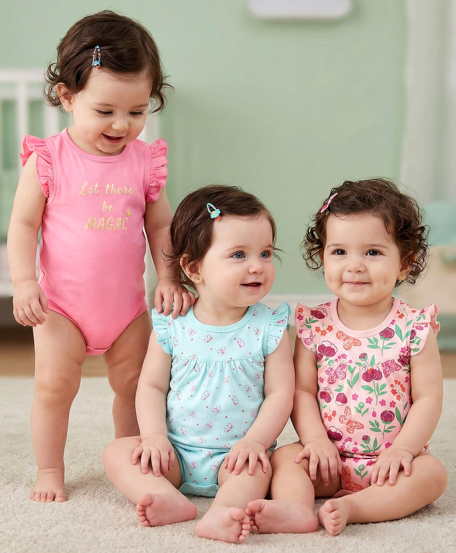 Babyoye Eco-Conscious 100% Cotton with Eco-Jiva Frill Sleeves Onesies Floral Print Pack of 3 - Pink Peach & Turquoise-image-7