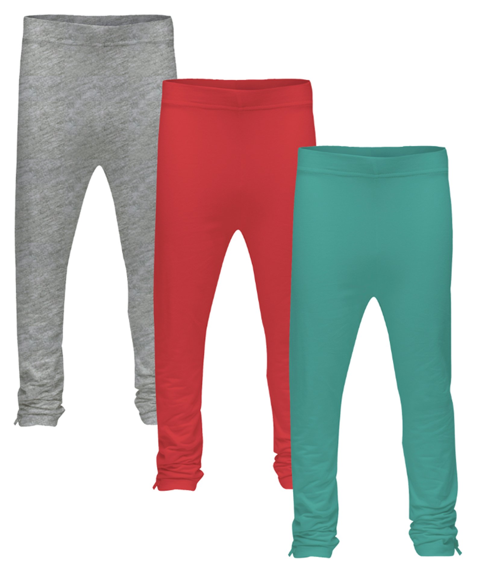 3PIN Pack Of 3 Full Length Solid Leggings - Melange Grey Coral Red & Aqua Green-picture-20