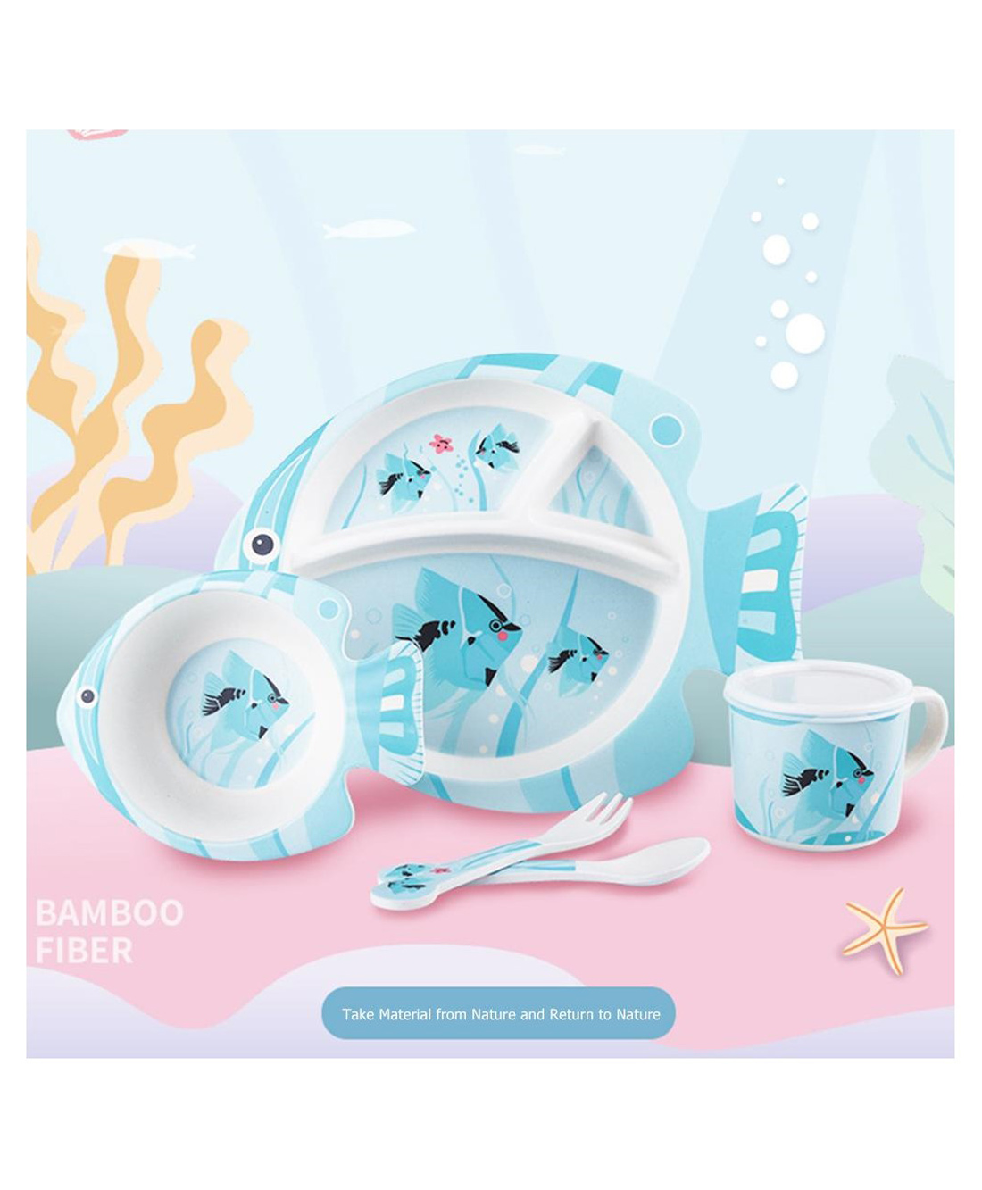 YAMAMA Fish Shape Bamboo Multi Piece Feeding Set Pack of 5   Color May Vary-picture-12
