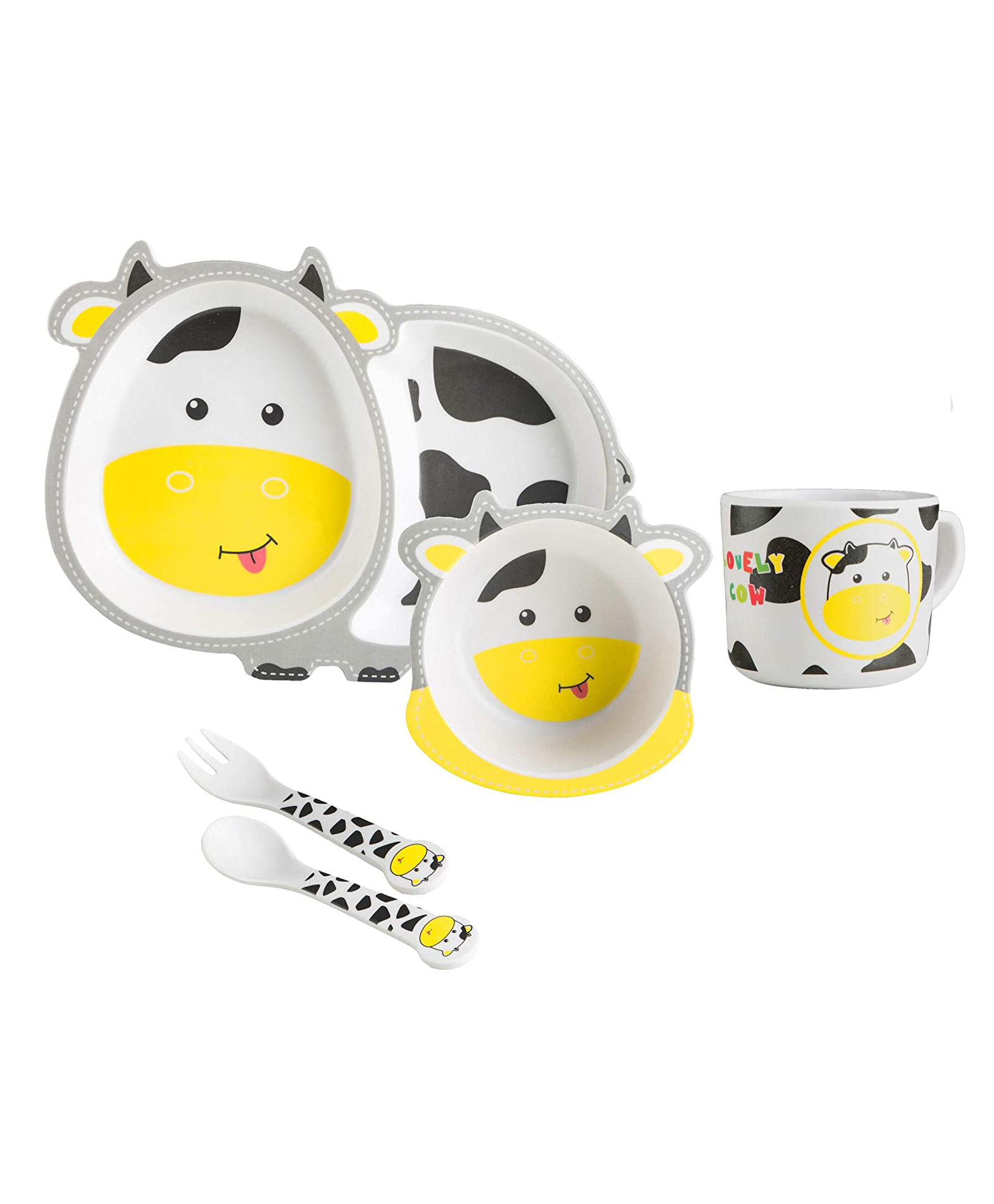 YAMAMA Lovely Cow Shape Bamboo Multi Piece Feeding Set Pack of 5   Color May Vary-picture-14
