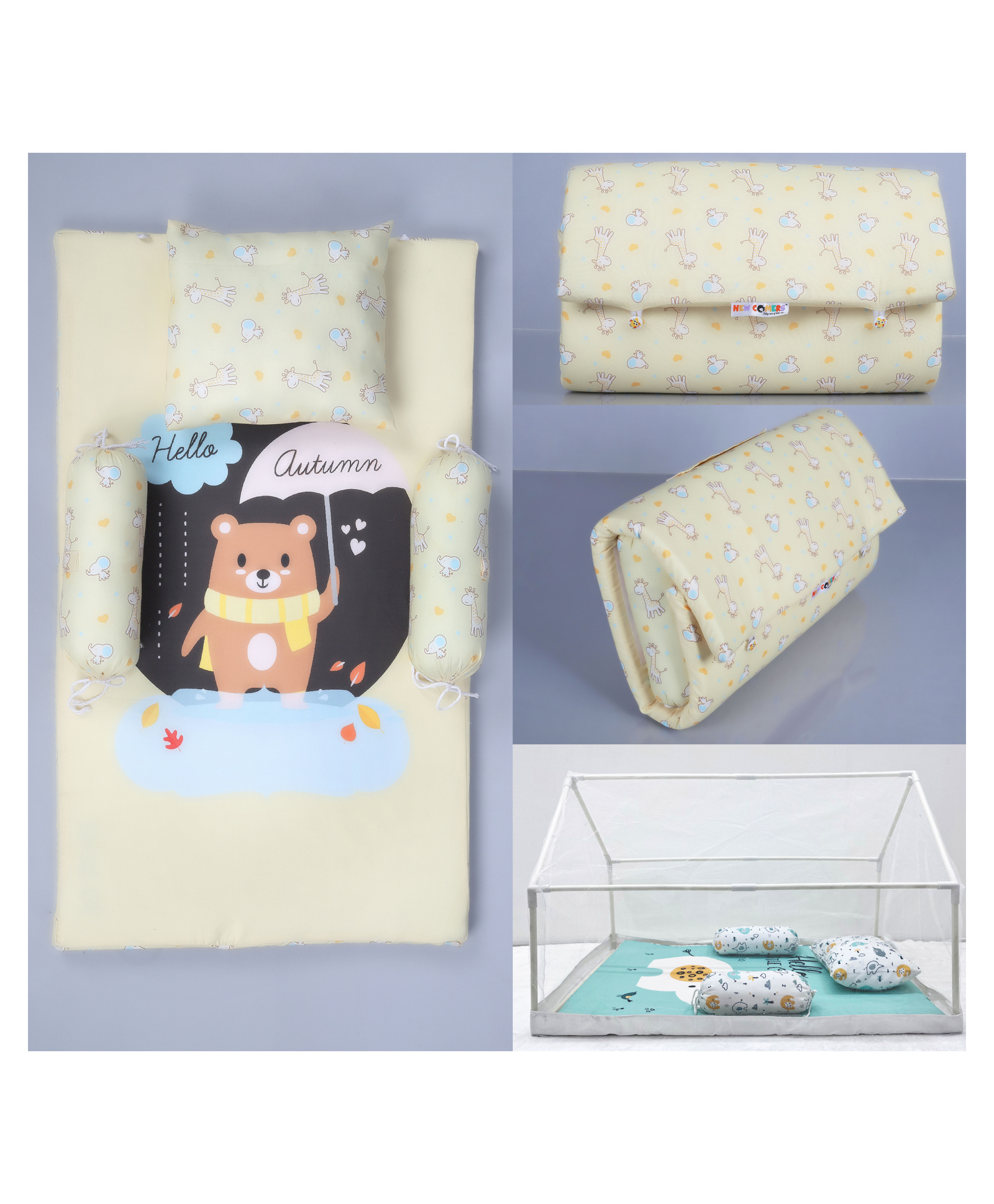New Comers Pure Organic Cotton 5 Piece Foldable Baby Bedding Set - Sky Blue White-image-13